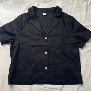 Lintico Black Oversized Button Front Collared Shirt Large Women's Linen Casual